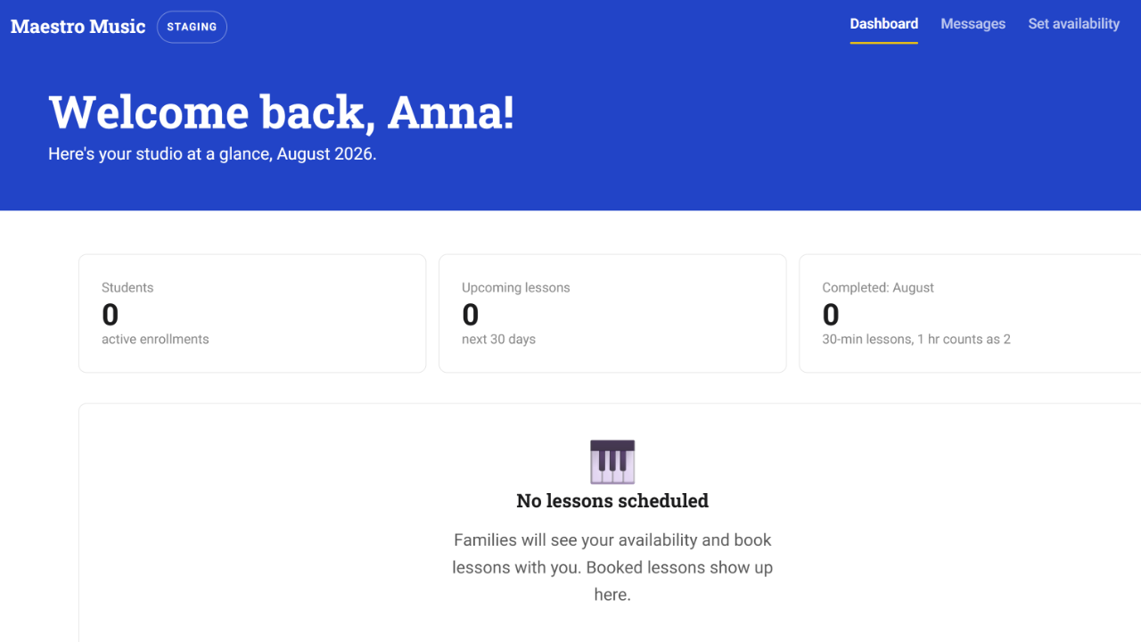 A Maestro teacher dashboard, showcasing how many students the teacher has, how many upcoming lessons they have, and the number of lessons completed for the current month