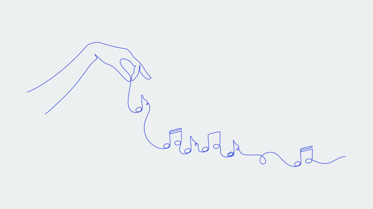Simple doodle of music notes shooting outwards from a hand, symbolizing the creation of music
