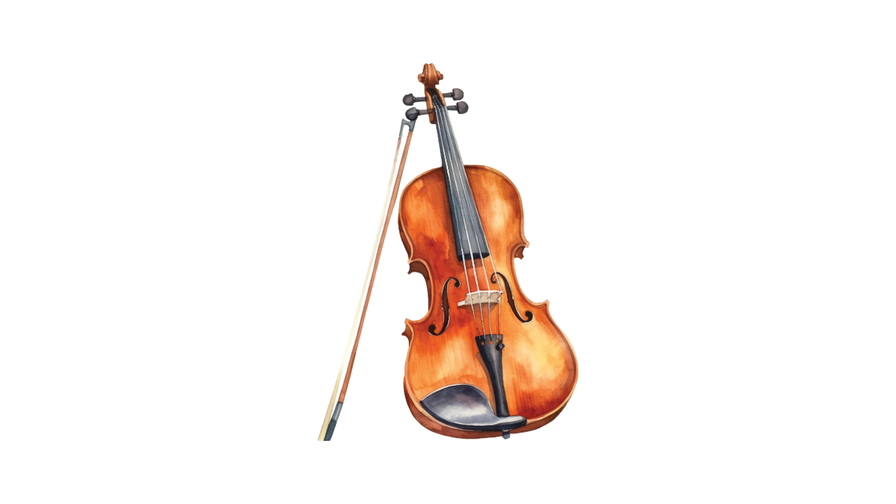 Watercolor painting of a violin and bow