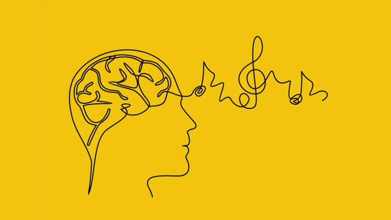 Line drawing illustration of a human brain with musical notes flowing out, representing the benefits of music education for brain development