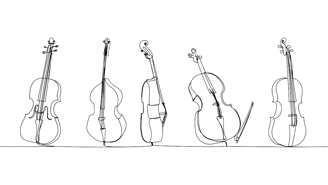 Drawing of 5 cellos in various stages of rotation