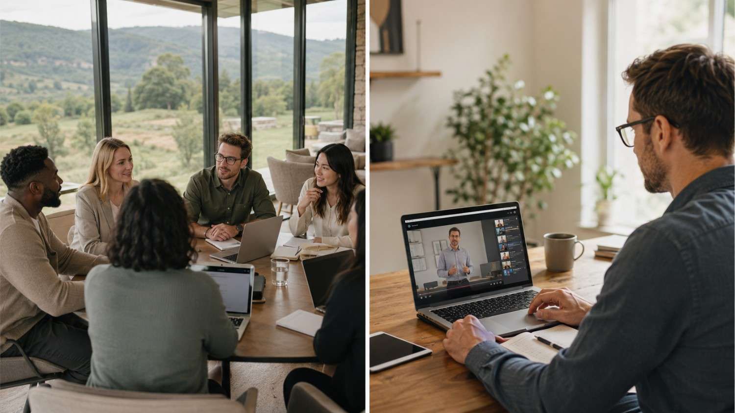 Split image comparing a residential IT management training session with a professional taking an online IT management course from home