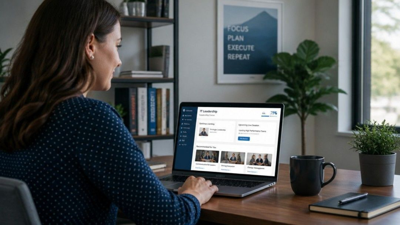 Senior IT professional studying an online IT leadership course at a desk