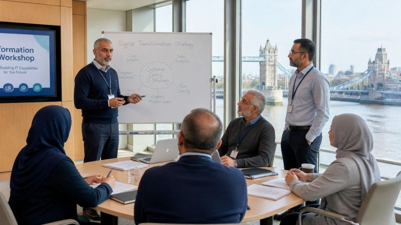 Diverse group of senior IT professionals in business casual attire collaborative workshop setting