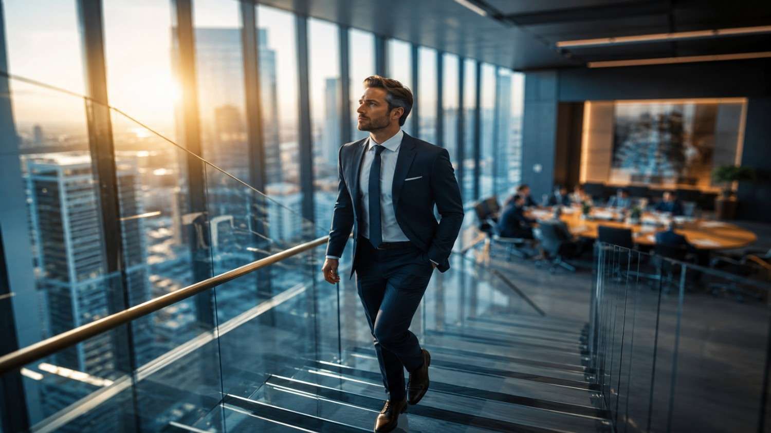 UK IT professional walking up a modern glass staircase in a corporate boardroom, symbolising the career path to CIO