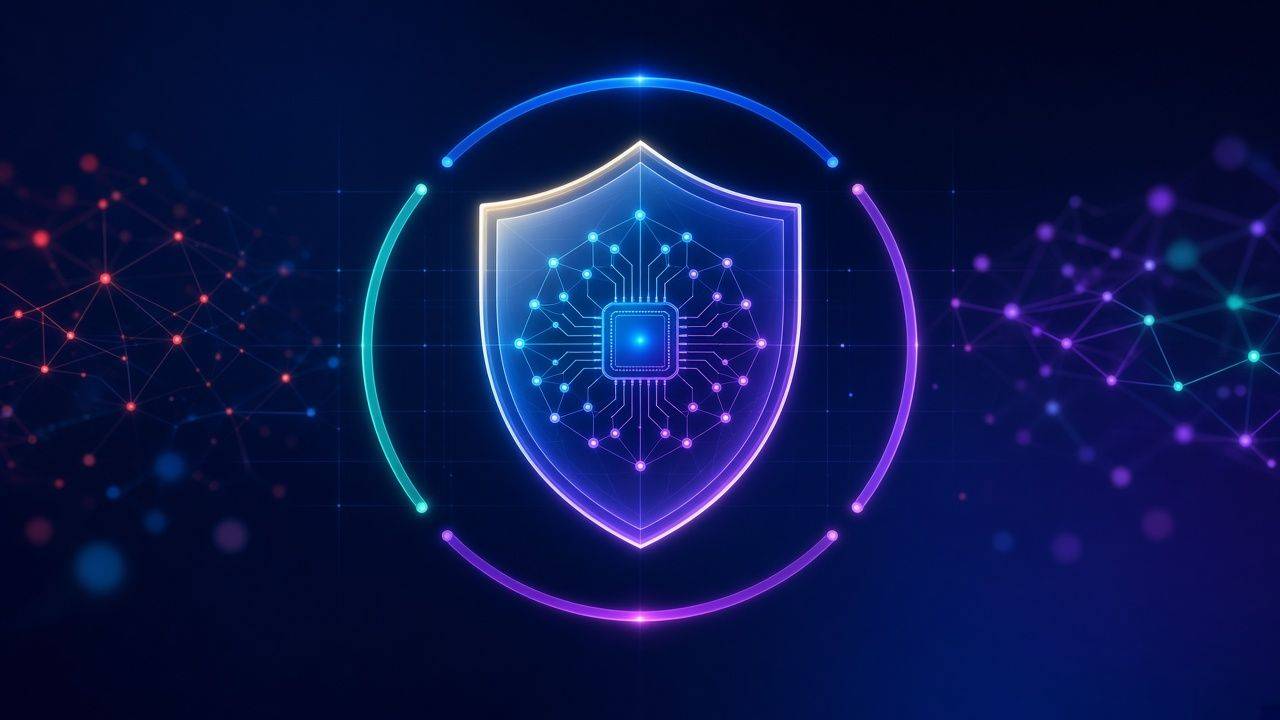 Escudo digital con un chip de IA dentro de un ciclo de mejora continua, representando la gobernanza de la inteligencia artificial con ISO/IEC 42001