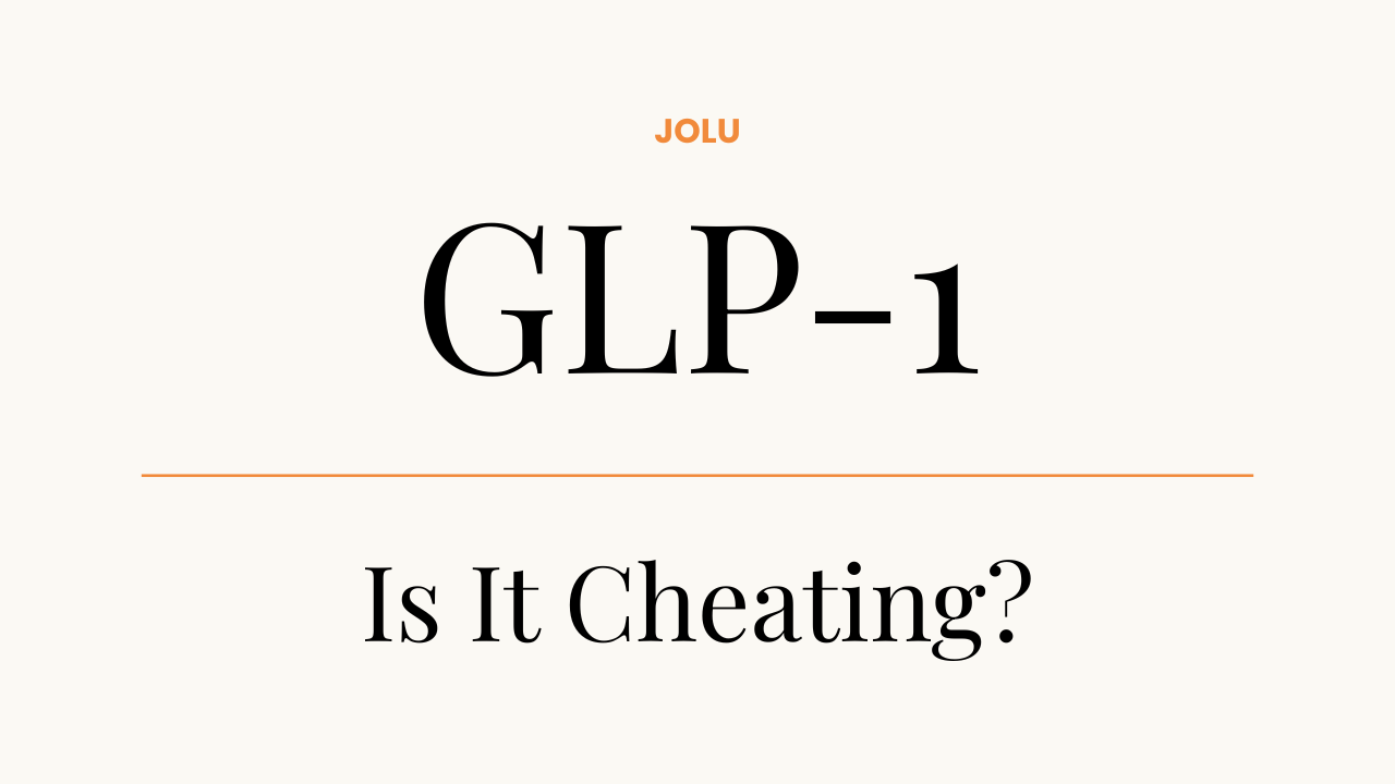 Minimal editorial graphic with the text “GLP-1” and “Is It Cheating?” for an article discussing the emotional complexity of GLP-1 medications.