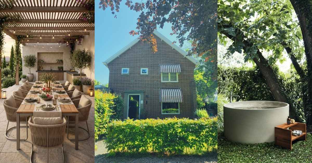 huis in het groen met buiten bad onder bomen en patio met buitenkeuken en gedekte eettafel als inspiratie voor buiten wonen bij je droomhuis verbouwing