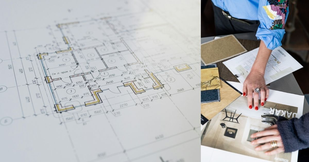 interieurschets met stylist en klant die samen keuzes maken over de indeling bij het verbouwen van een droomhuis