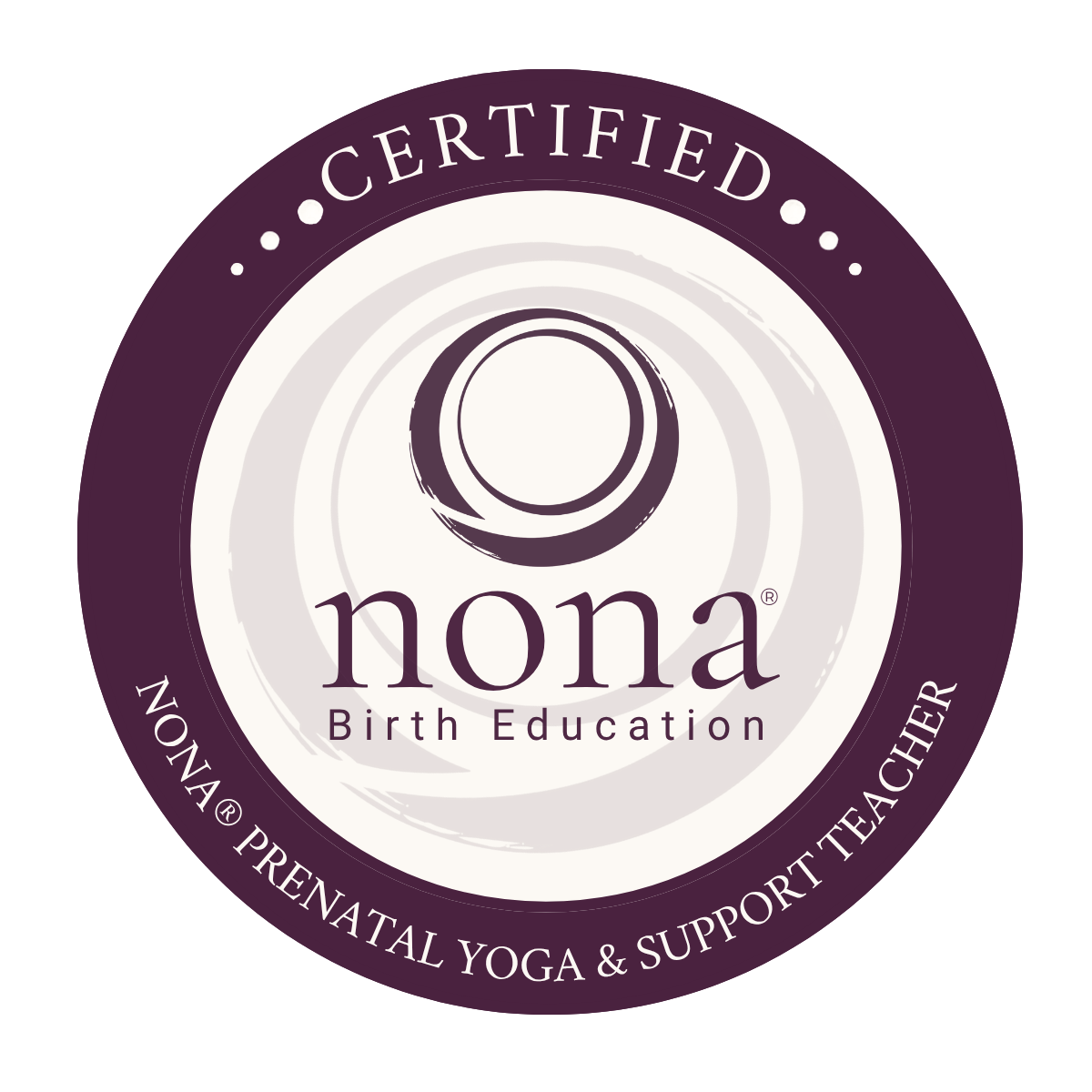 Certified Nona Prenatal Yoga and Support Teacher seal, dark version