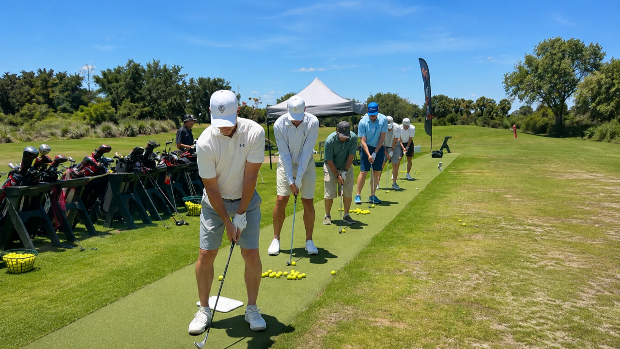 A group of golf school students performing synchronized swings with perfect posture on the driving range, demonstrating the benefits of personalized coaching.