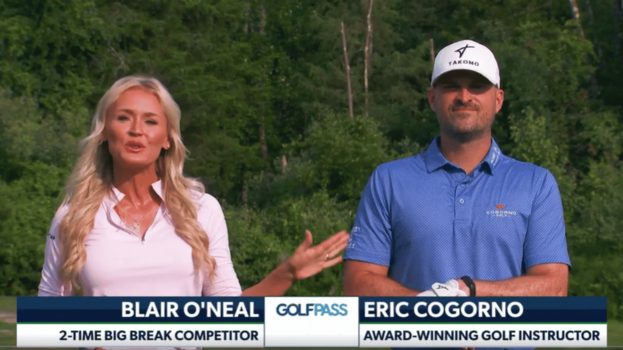 Screenshot of School of Golf Chapter 1 featuring Eric Cogorno as co-host, alongside Blair O'Neal.