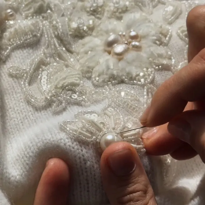 Textured sequin and bead embroidery sample, Haute Couture tambour technique