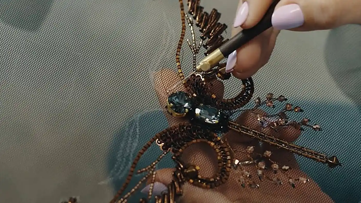 Hand embroidering crystals and beads on tulle, Haute Couture Embroidery for Beginners course by Valeria Fic
