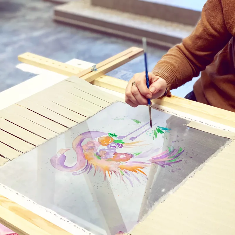 Hand-painting silk fabric for the Silk Flamingo, artistic toning technique, Advanced Level II couture embroidery