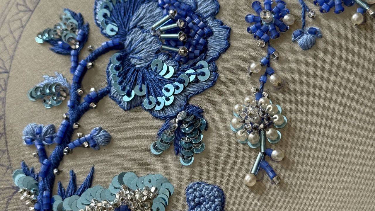 Blue Haute Couture embroidery with sequins, beads and pearls