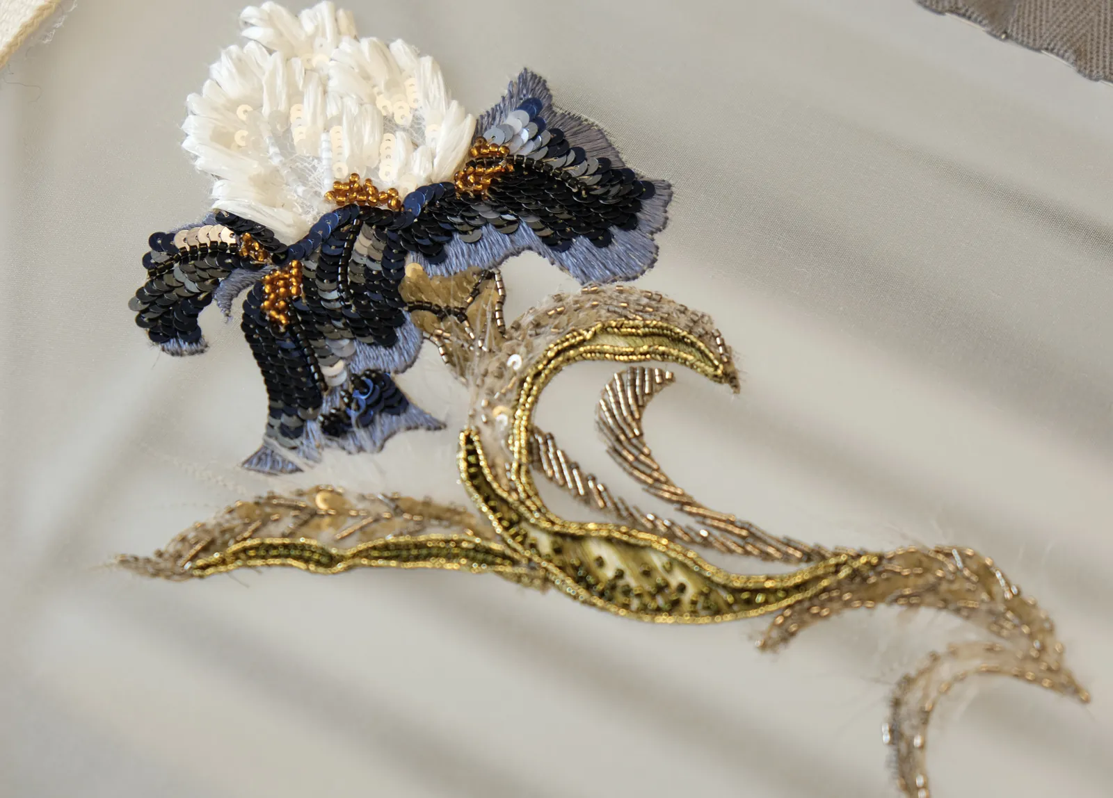 Navy, white and gold iris couture embroidery with beaded scrollwork on silk, Advanced Level II Lunéville by Valeria Fic School of Couture
