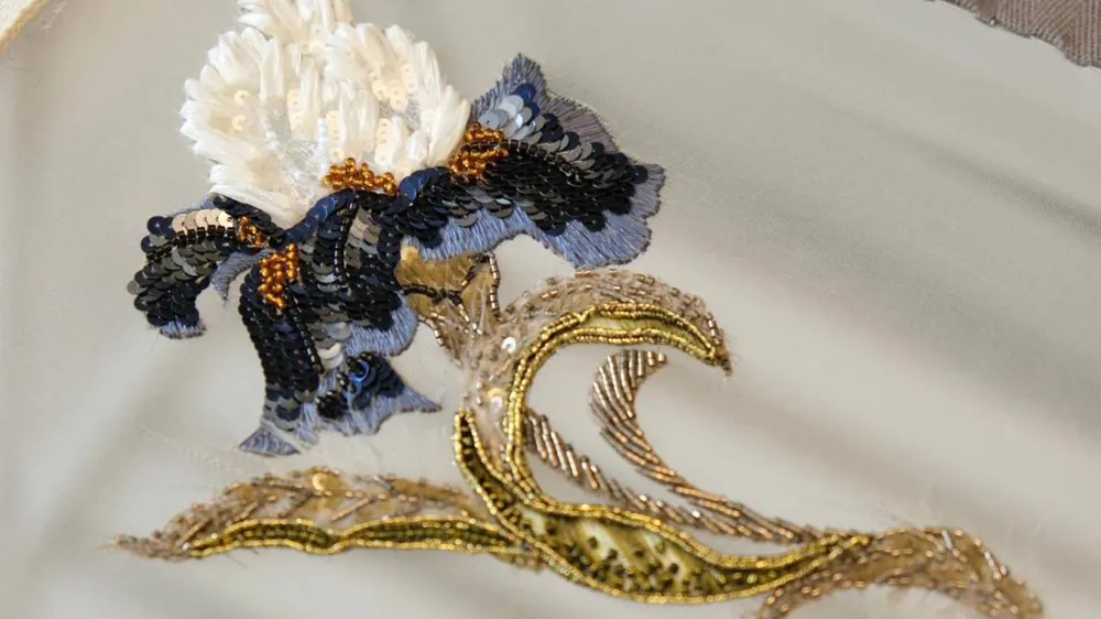 Blue and gold couture appliqué, Advanced Level II Haute Couture embroidery course