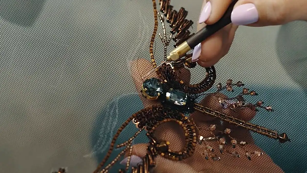 Tambour beading close-up, a couture motif in progress, Beginners course by Valeria Fic School of Couture