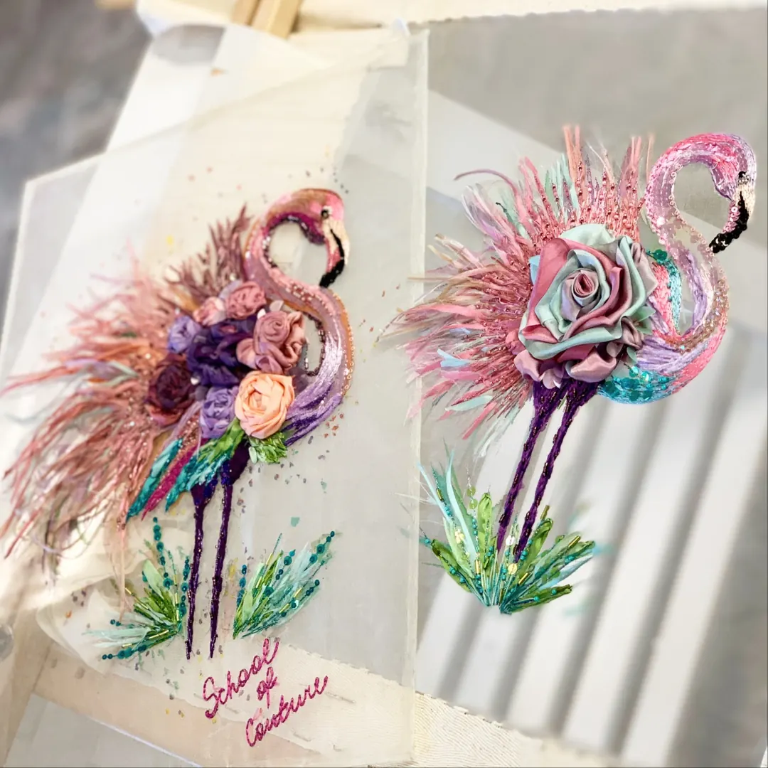 Two finished Silk Flamingo embroideries with ribbon roses, feathers and silk shading, Advanced Level II bonus course by Valeria Fic School of Couture