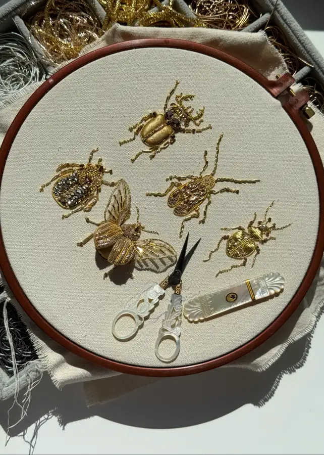 Golden beetle goldwork embroidery on a hoop, Golden Bugs course for beginners