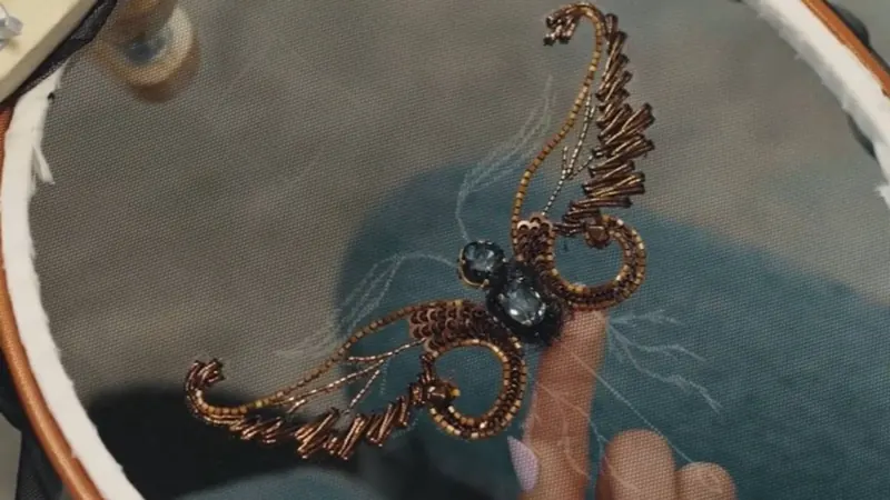 Beaded couture embroidery detail, tambour technique, School of Couture