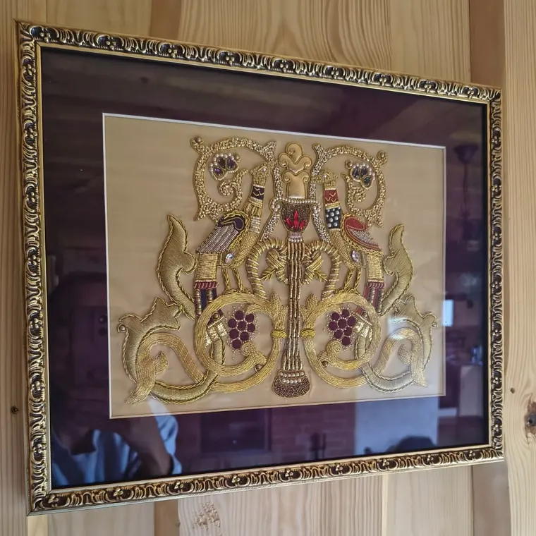 Finished goldwork main project framed as an heirloom interior piece