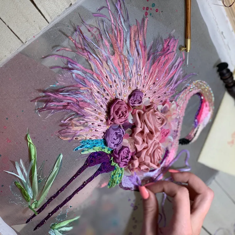 Silk Flamingo embroidery in progress with ribbon roses and feathers, Advanced Level II bonus course, School of Couture