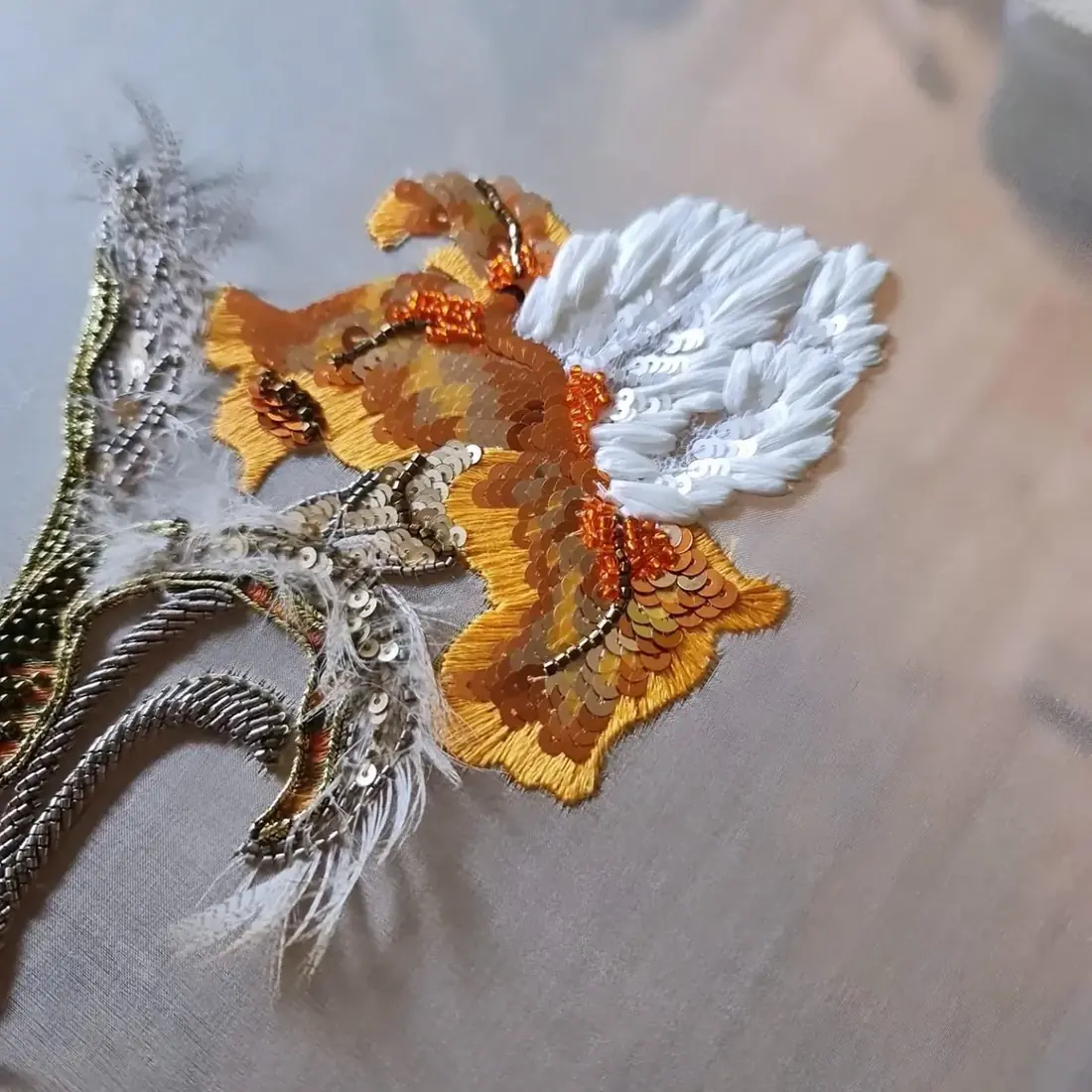 Orange, white and gold sequinned iris embroidery on silk, finished Advanced Level II student work, Valeria Fic School of Couture