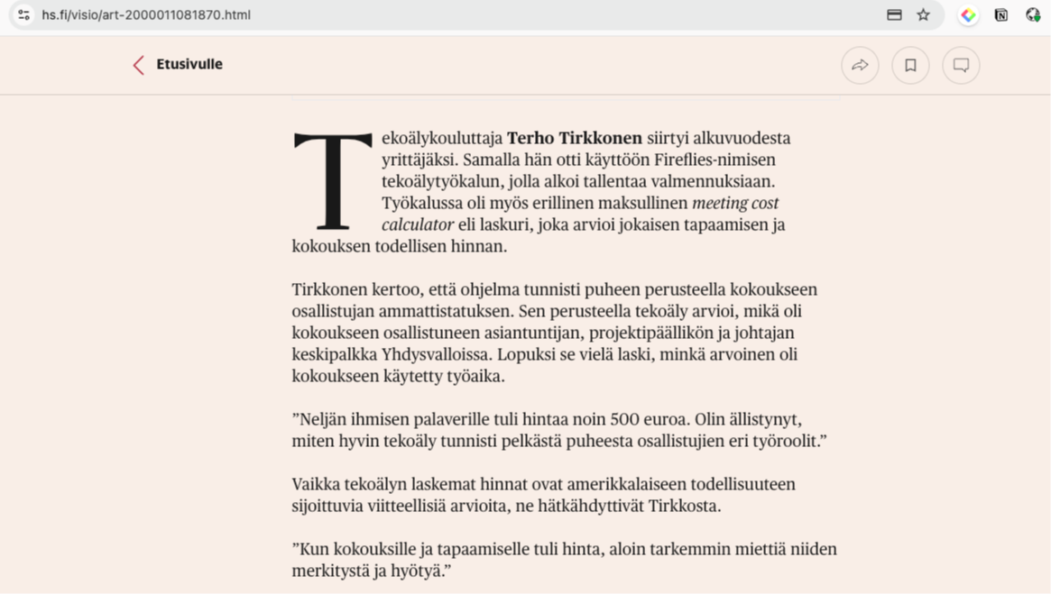 Stoppi palaveripöhölle, HS Visio 11.3.2025. Kuvakaappaus jutusta, johon haastateltiin tekoälyvalmentaja ja -vaikuttaja Terho Tirkkosta.