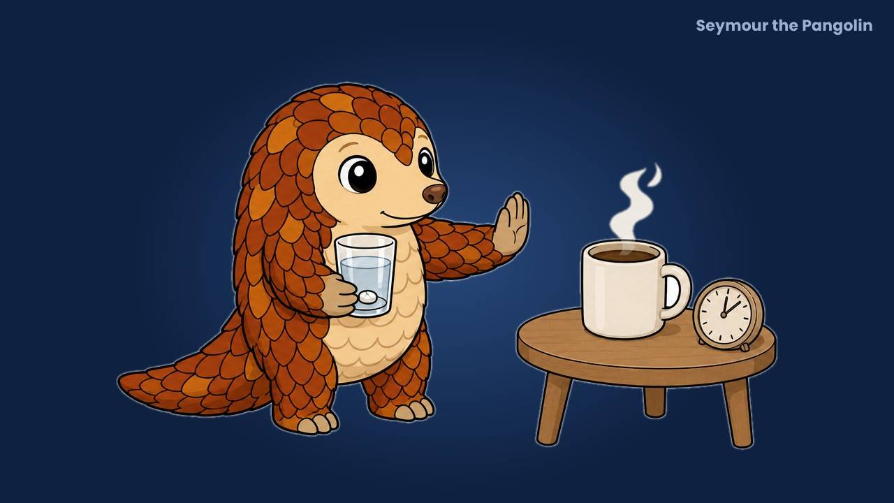 Seymour the Pangolin holds a glass of water and waves off coffee, illustrating how to time levothyroxine, iron and supplements