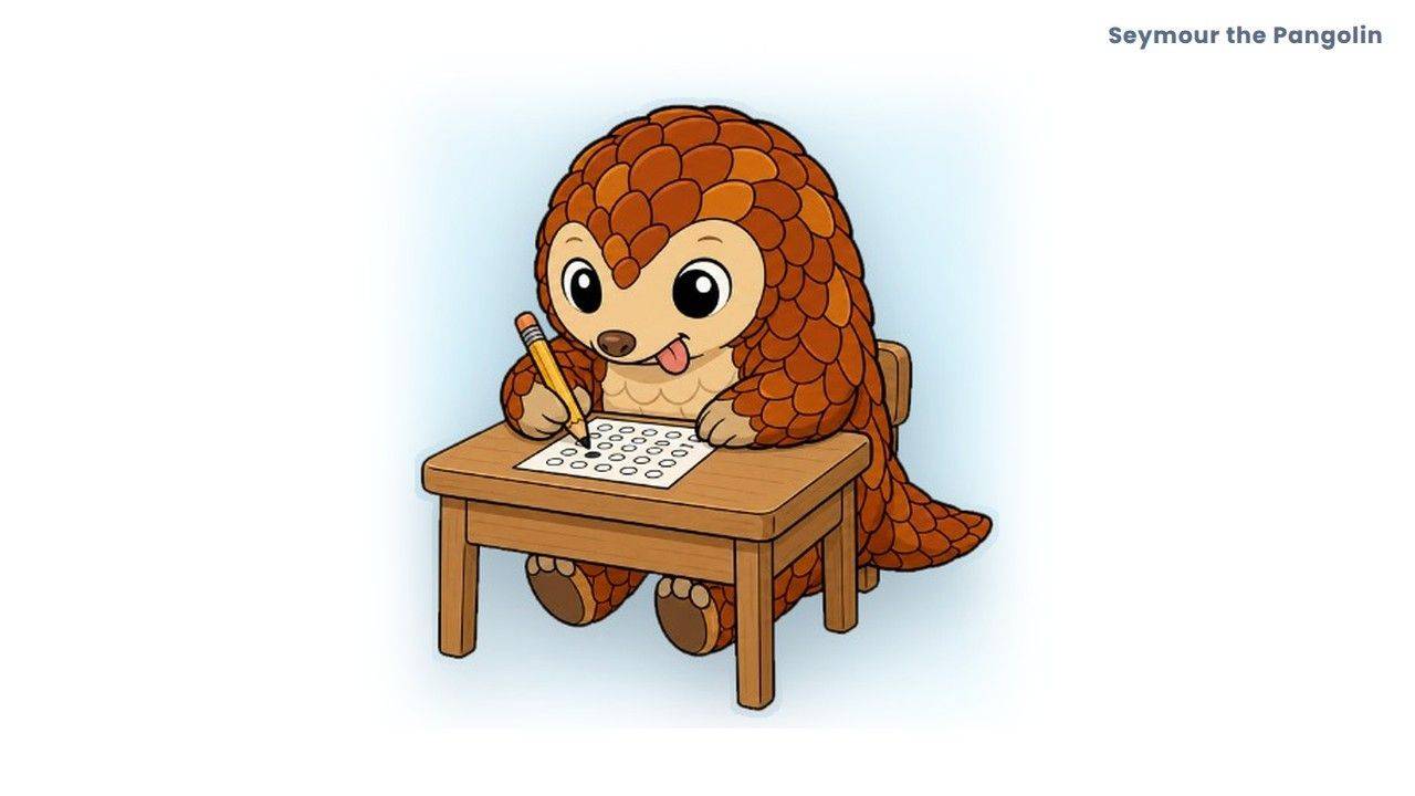 Seymour the Pangolin taking a test at a desk, for skills tests like the CCAT that can lead to an interview