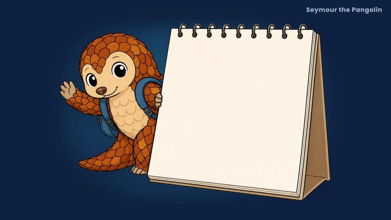 Seymour the Pangolin waving beside a blank desk calendar, for explaining a gap in employment