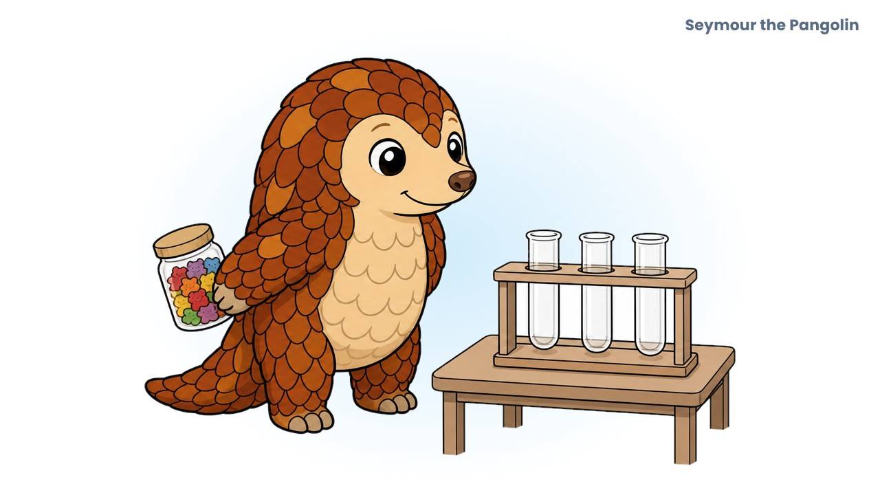Seymour the Pangolin holds a jar of hair gummies beside lab test tubes, illustrating how biotin can skew thyroid and troponin tests