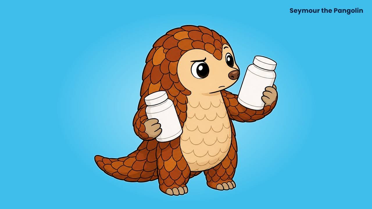 Seymour the Pangolin compares two supplement bottles, illustrating which magnesium form absorbs best: glycinate, citrate or oxide
