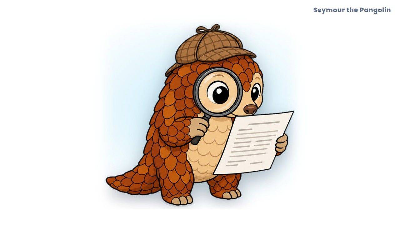 Seymour the Pangolin in a detective hat reading a resume with a magnifying glass, for ATS resume tips