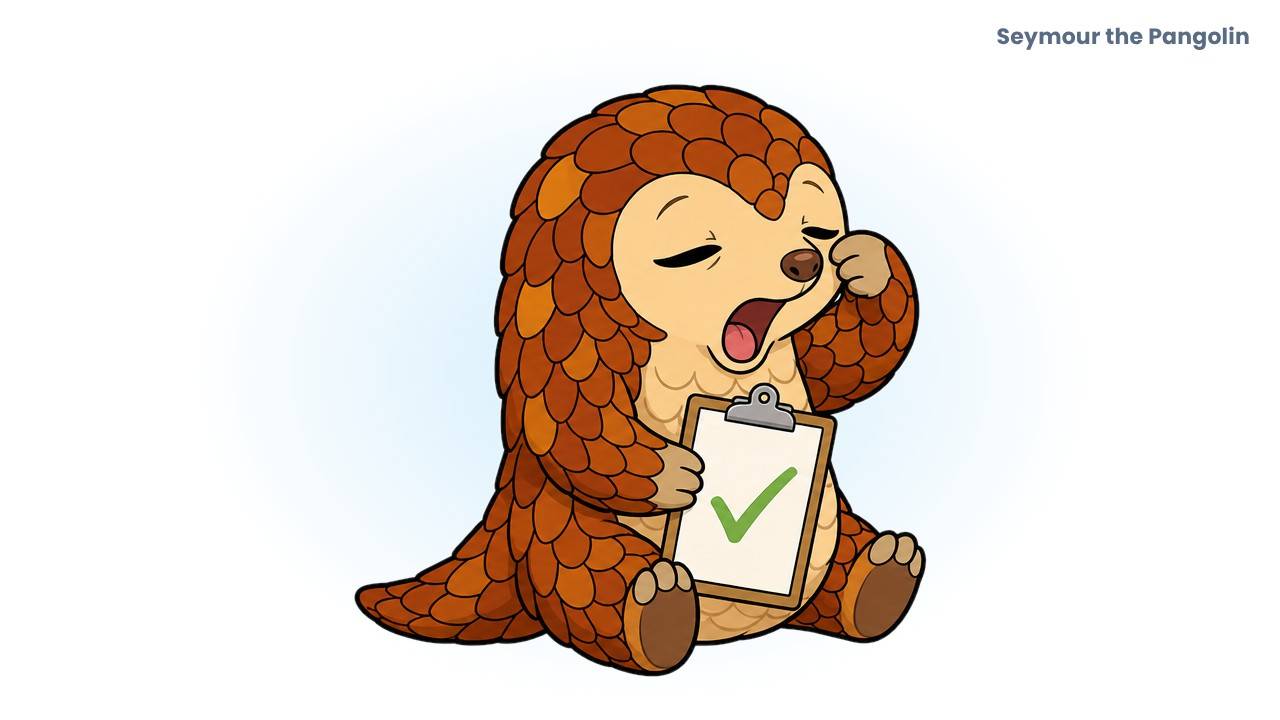 Seymour the Pangolin yawns over a clipboard with a green check, illustrating feeling exhausted even when bloodwork comes back normal