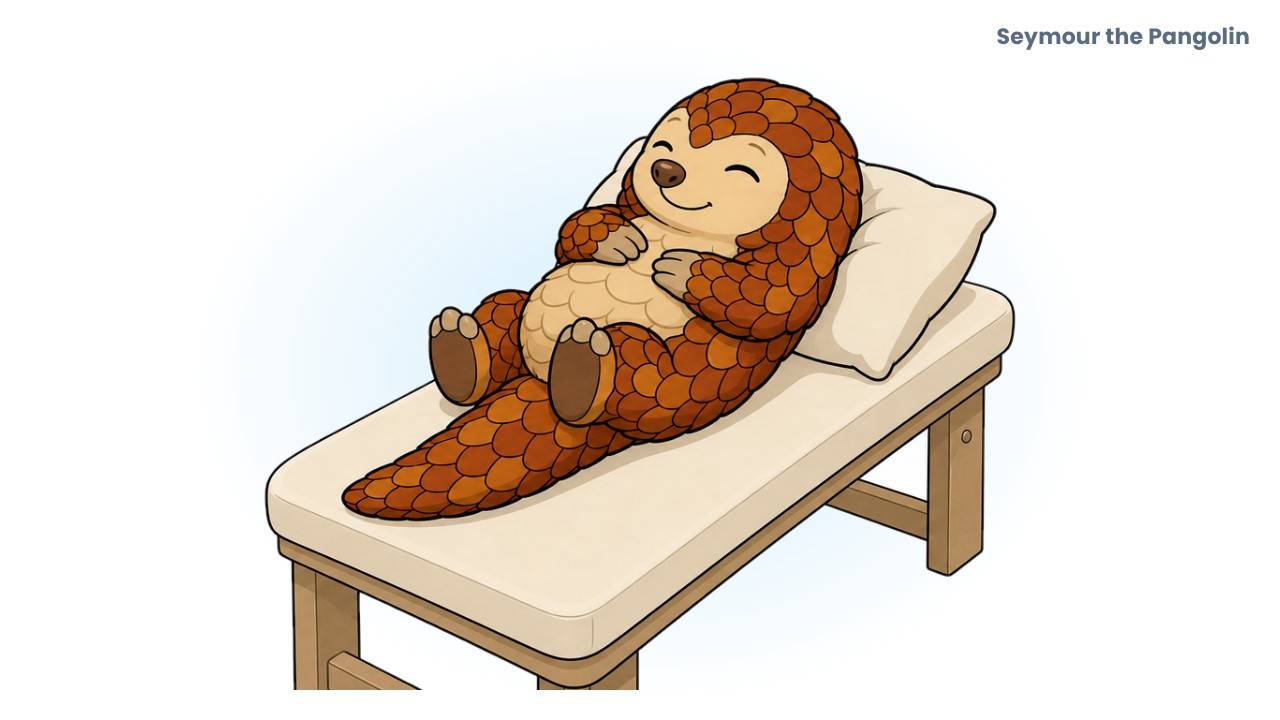 Seymour the Pangolin relaxes on a treatment table, illustrating Fascial Counterstrain compared with physical therapy, massage and chiropractic