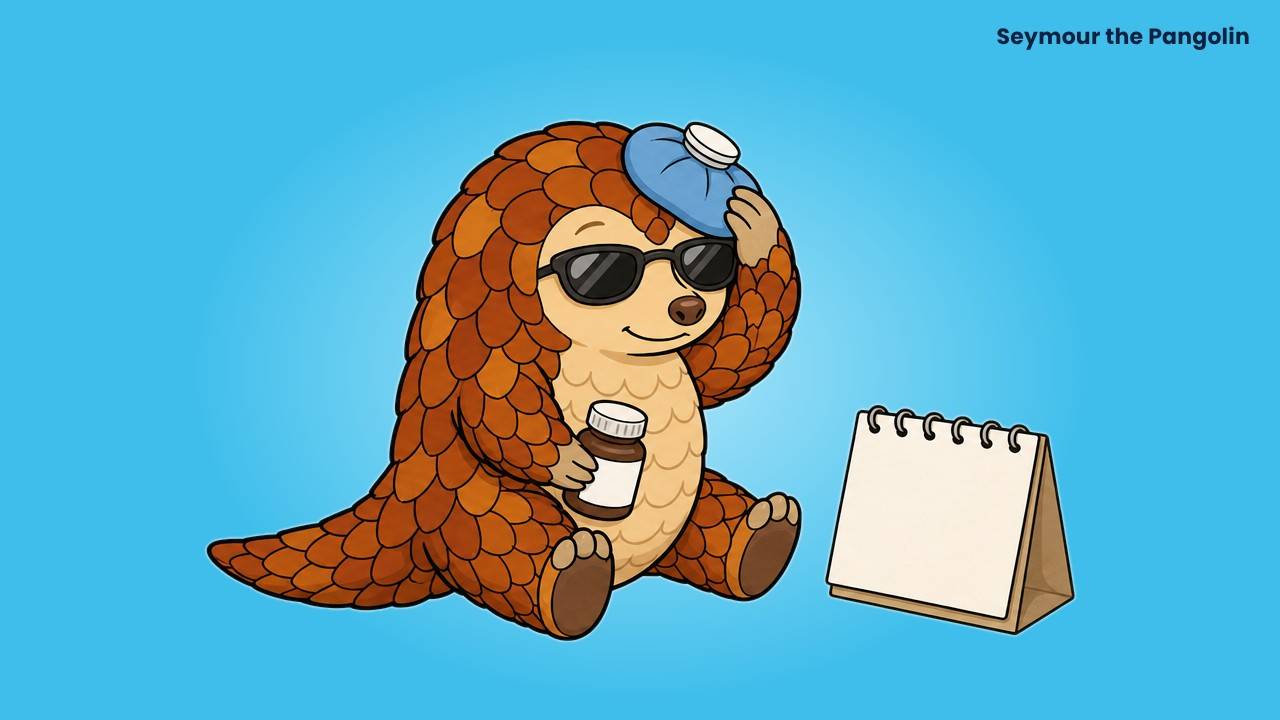 Seymour the Pangolin rests with an ice pack and sunglasses, holding a vitamin bottle, illustrating riboflavin for migraine prevention