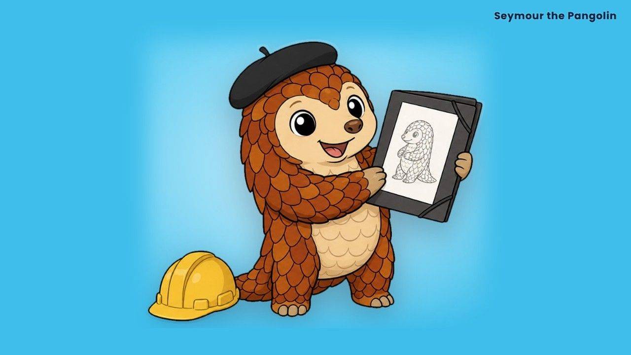 Seymour the Pangolin in a beret holding a sketch, with a hard hat nearby, for explaining a career change