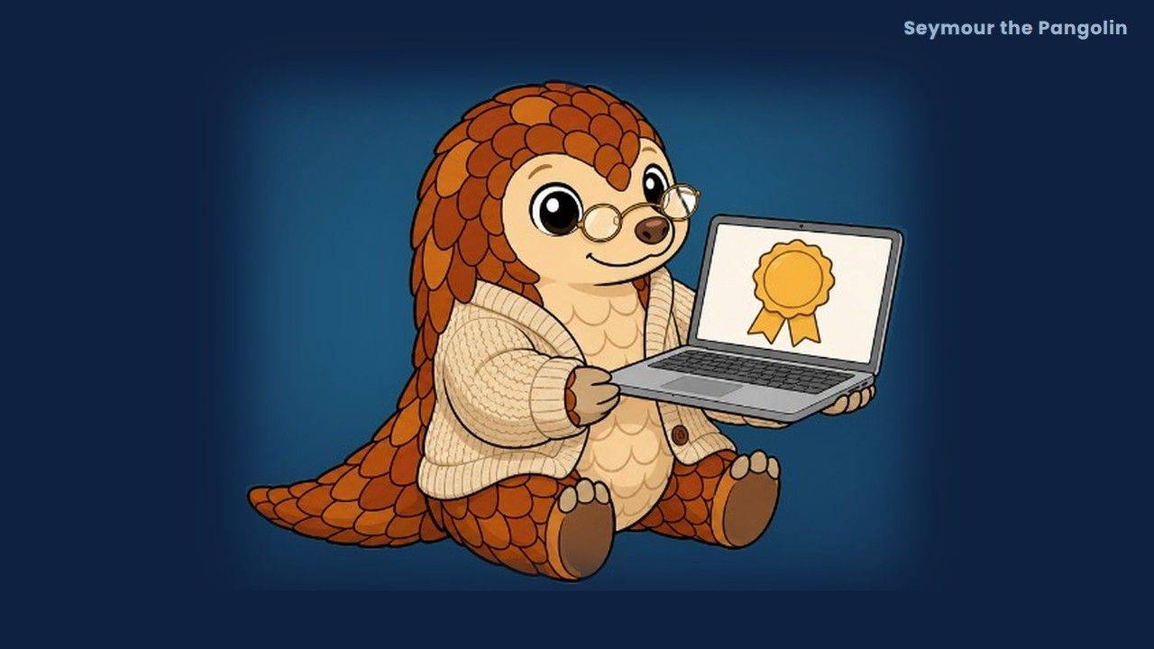 Seymour the Pangolin in glasses and a cardigan holding a laptop with a certificate, for job searching after 50