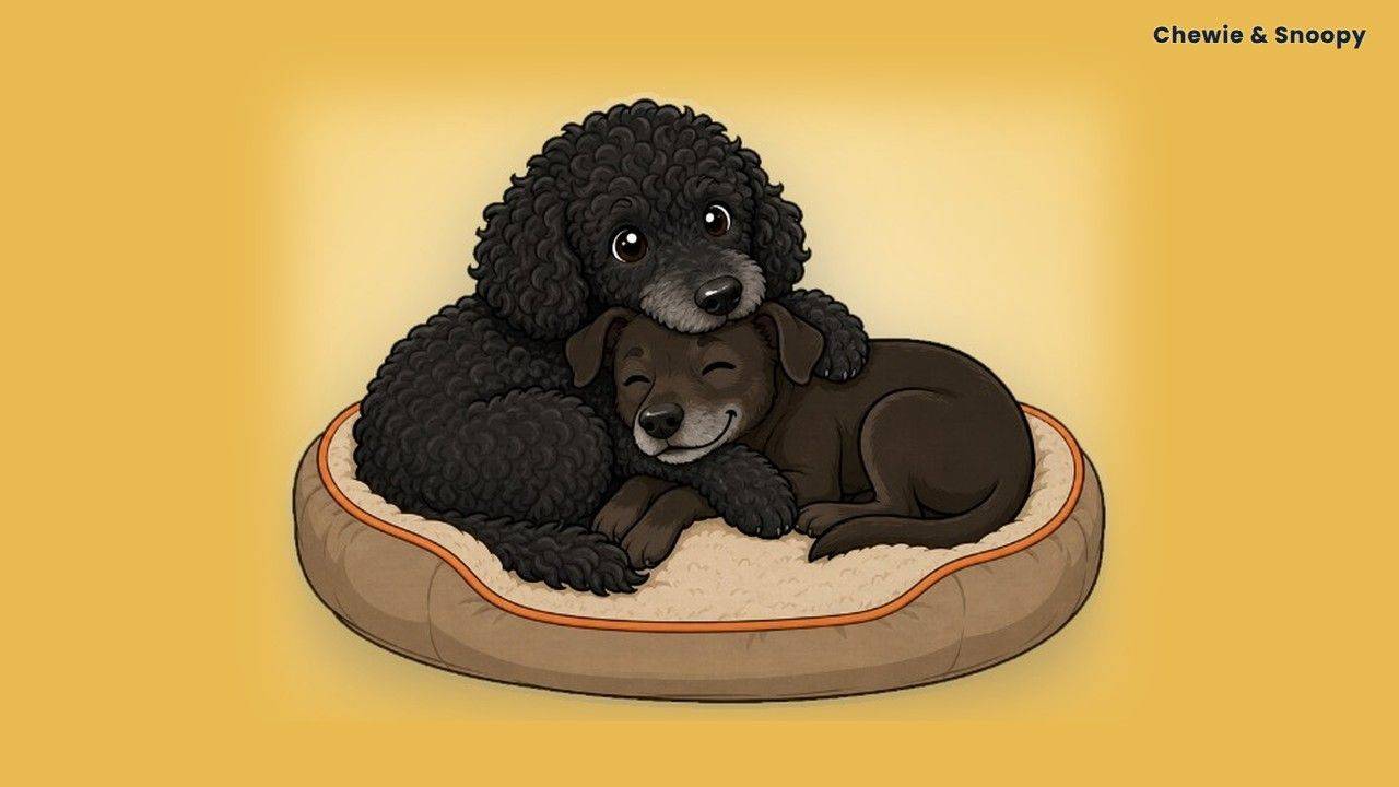 Chewie and Snoopy, two rescue dogs, cuddled in a dog bed, for how many applications it takes to get a job