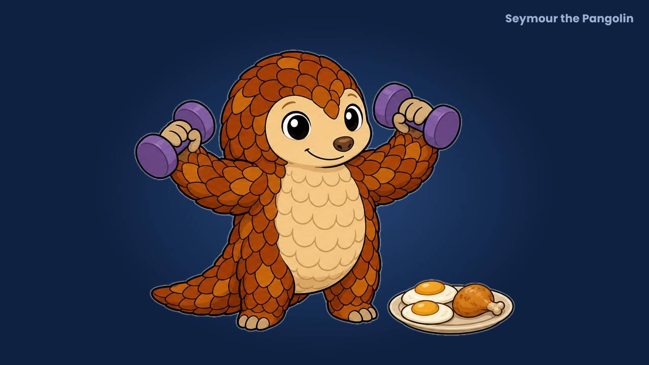 Seymour the Pangolin lifts dumbbells beside eggs and chicken, illustrating protein and strength training to protect muscle on a GLP-1