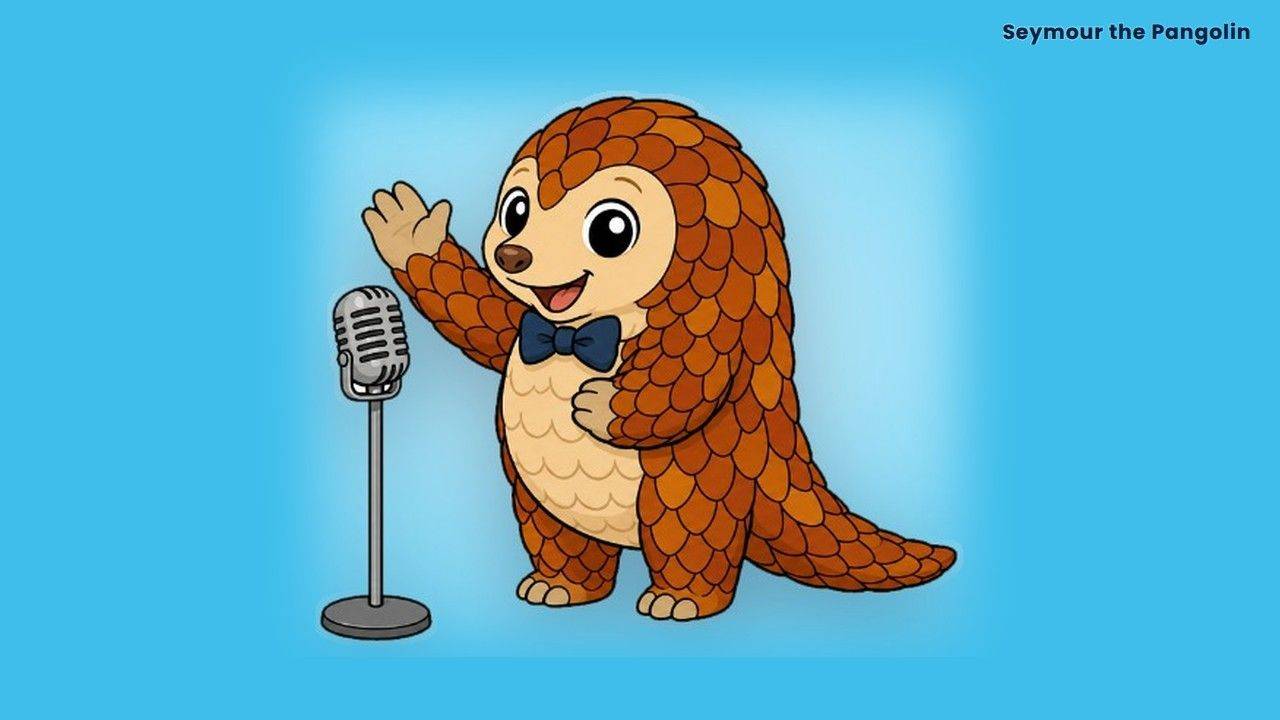 Seymour the Pangolin in a bow tie waving beside a microphone, for turning a job interview into a conversation