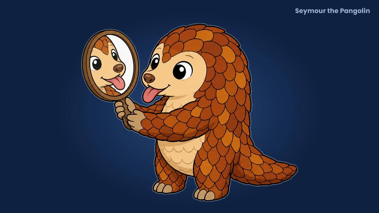 Seymour the Pangolin checks his tongue in a hand mirror, illustrating visible signs of nutrient deficiency on the nails, skin and tongue