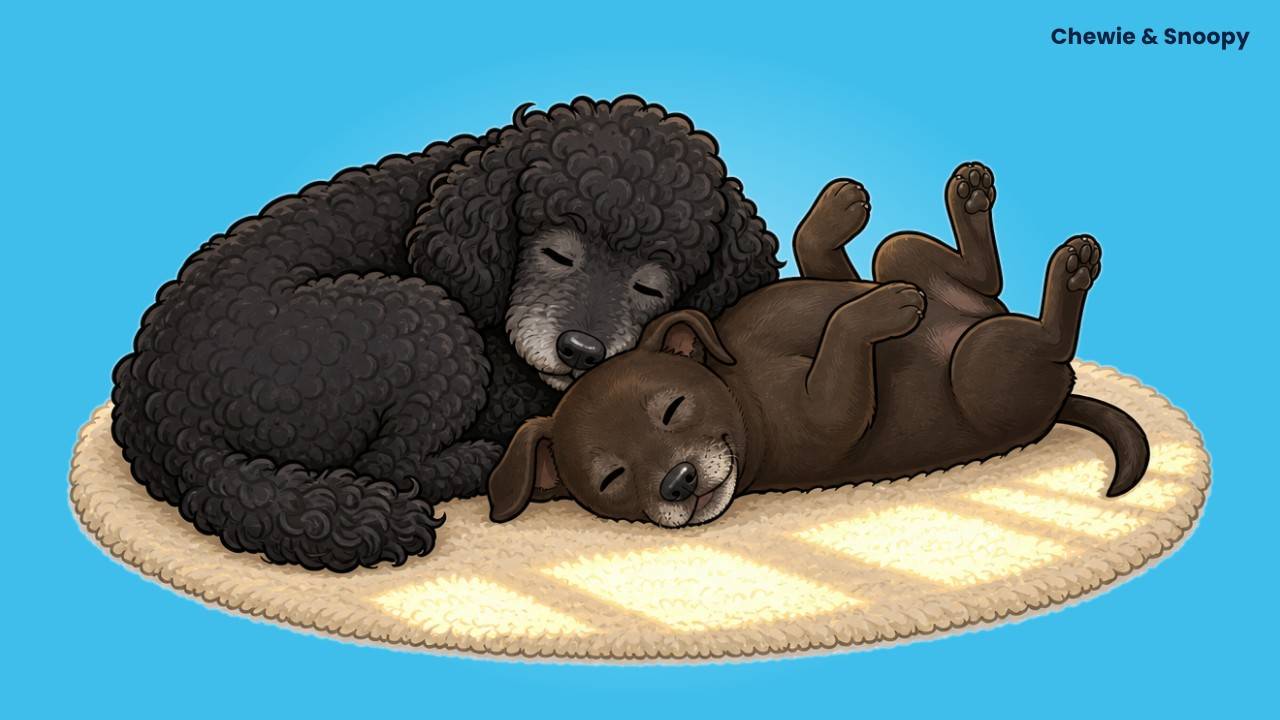 Chewie and Snoopy, a black poodle and a chocolate mix, asleep on a rug, illustrating fatigue and which blood tests to ask for first