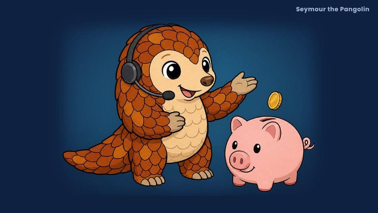 Seymour the Pangolin with a headset and a piggy bank, for making money while unemployed