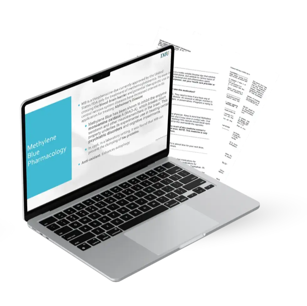 Laptop showing a preview of the "Methylene Blue Certification: Clinical Applications & Protocols" IMEDU course