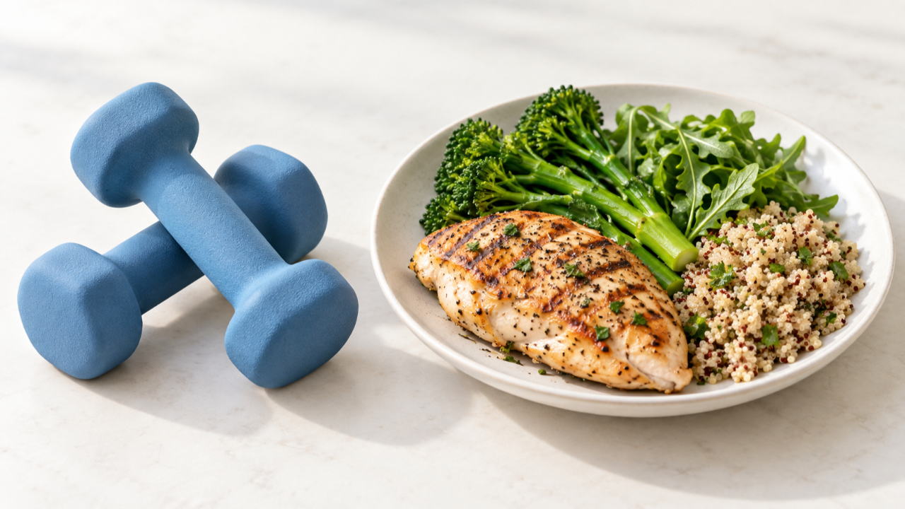 nutritious meal on a table with dumbbells