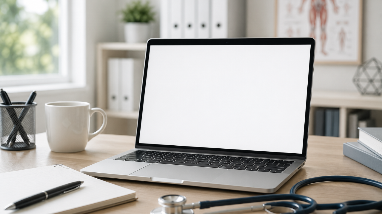 laptop and stethoscope sitting on a desk 